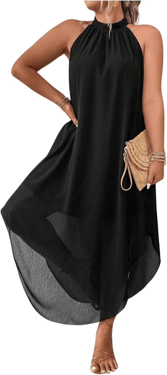 Floerns Women's Plus Size Asymmetrical Hem Sleeveless Halter A Line Long Dress