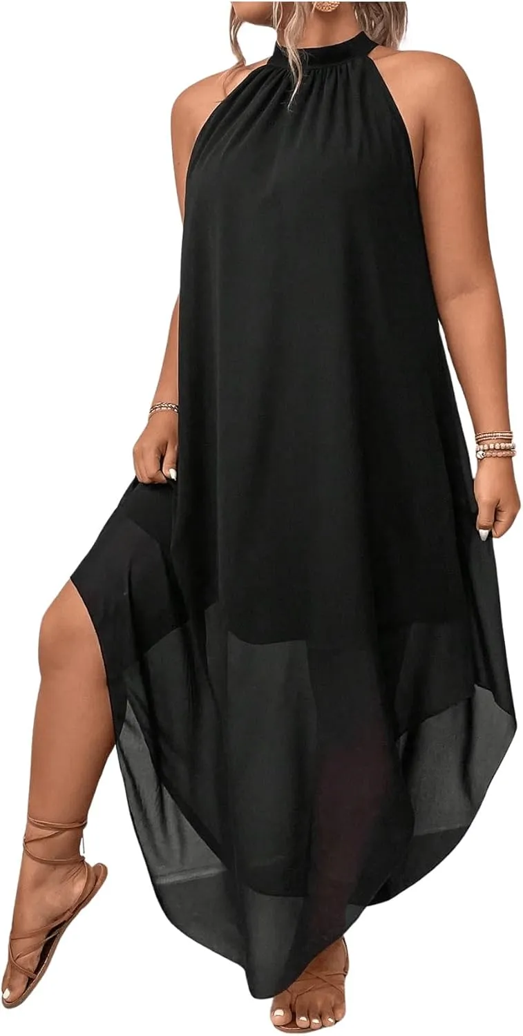 Floerns Women's Plus Size Asymmetrical Hem Sleeveless Halter A Line Long Dress