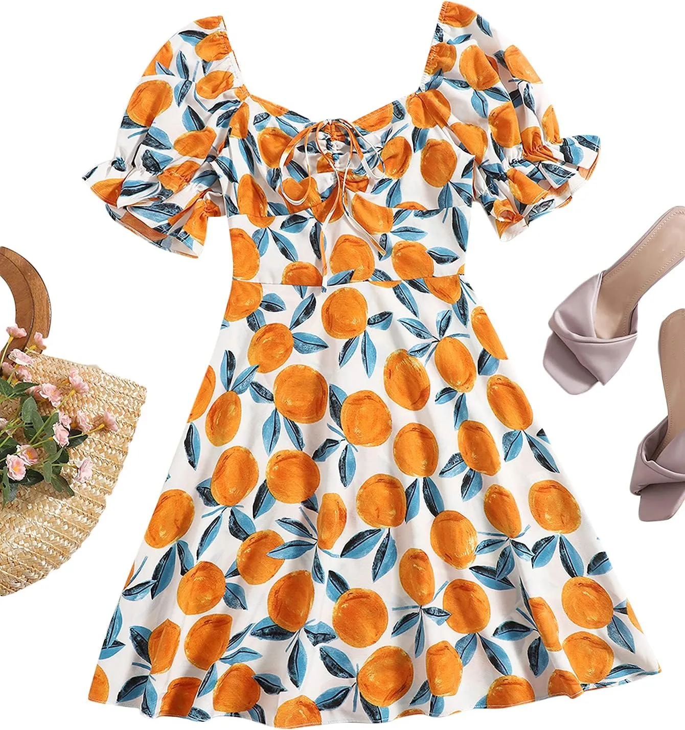 Floerns Women's Summer Drawstring Sweetheart Neck Puff Sleeve A Line Short Dress