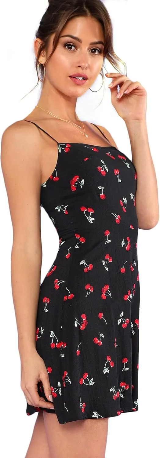 Floerns Women's Summer Floral Cherry Print A Line Short Cami Dress