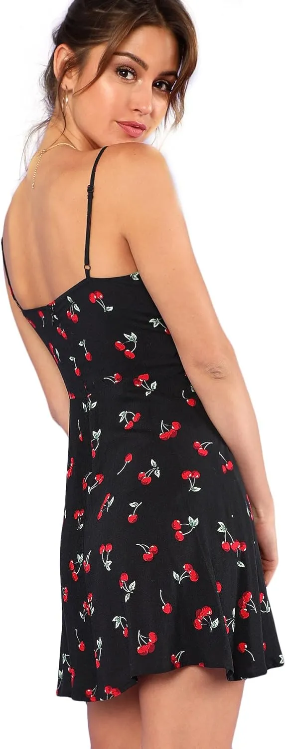 Floerns Women's Summer Floral Cherry Print A Line Short Cami Dress