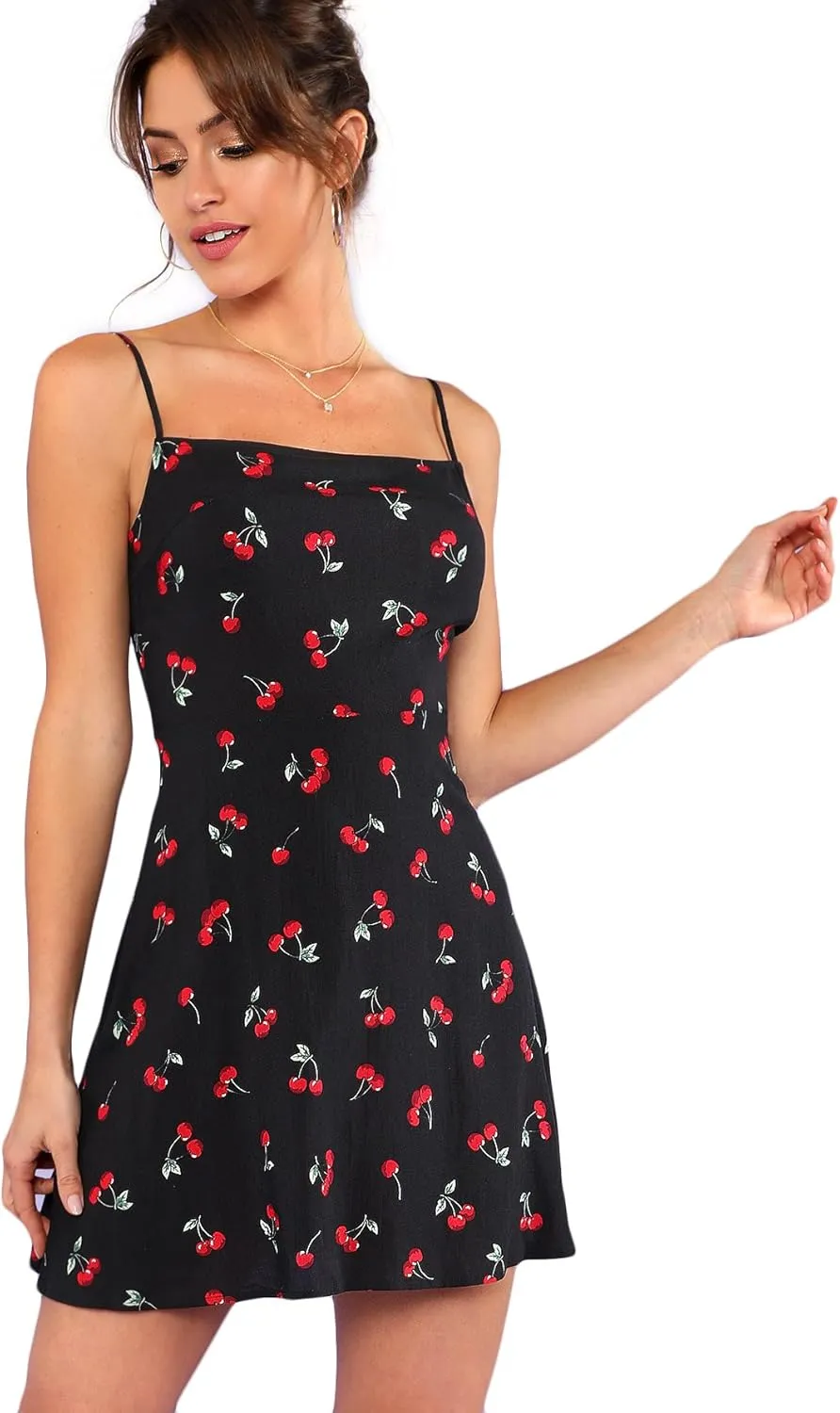 Floerns Women's Summer Floral Cherry Print A Line Short Cami Dress