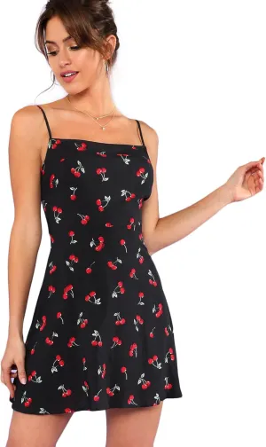Floerns Women's Summer Floral Cherry Print A Line Short Cami Dress