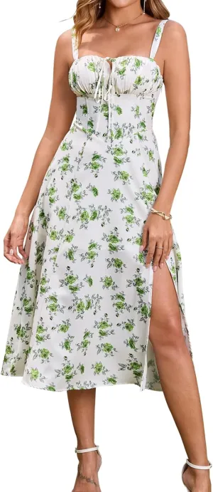 Floral Midi Corset Dress Boho Flowy Slit Lace Up Dresses for Women Going Out A Line Casual Sundress