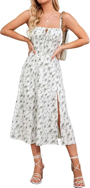 Floral Midi Corset Dress Boho Flowy Slit Lace Up Dresses for Women Going Out A Line Casual Sundress