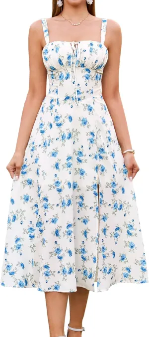 Floral Midi Corset Dress Boho Flowy Slit Lace Up Dresses for Women Going Out A Line Casual Sundress