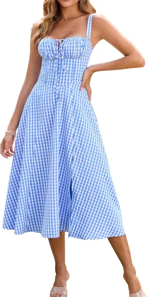 Floral Midi Corset Dress Boho Flowy Slit Lace Up Dresses for Women Going Out A Line Casual Sundress