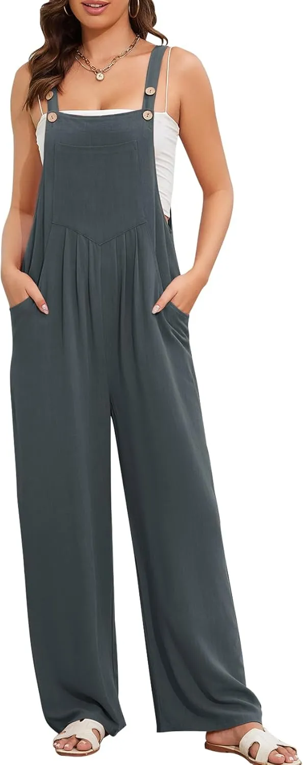 Flygo Overalls for Women Loose Fit Cotton Linen Bib Overalls Wide Leg Jumpsuits Casual 2025 Summer Rompers