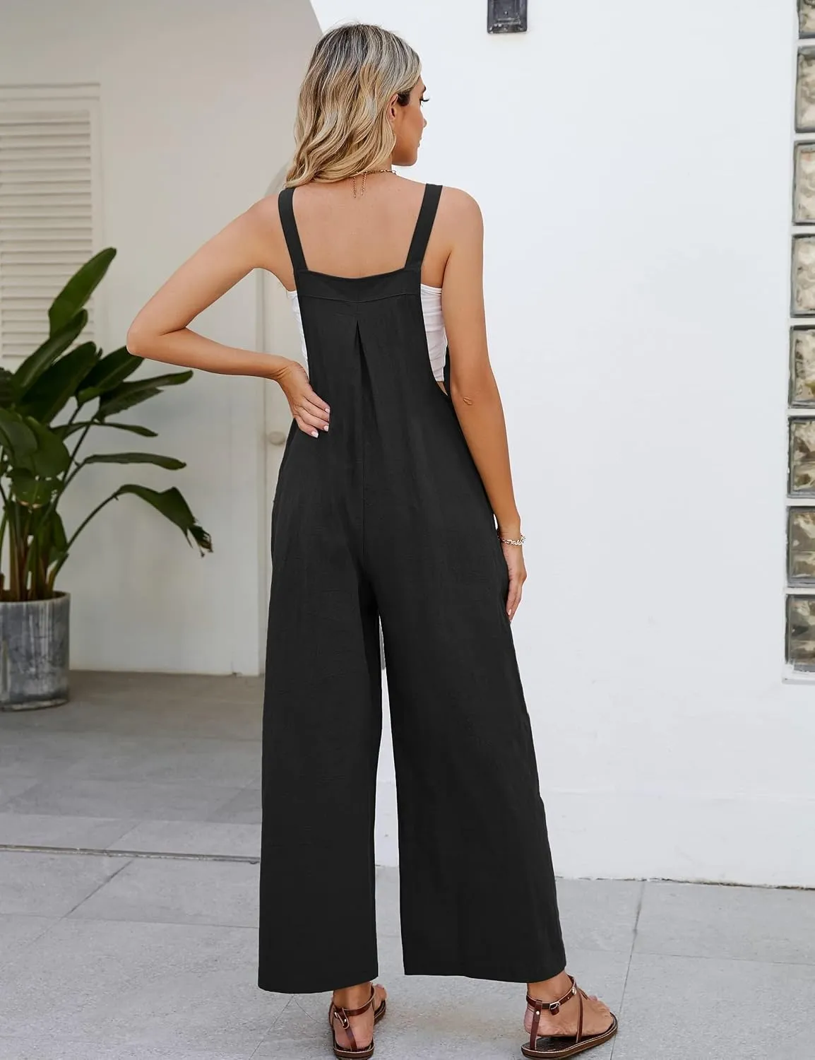 Flygo Womens Cotton Bib Overalls Loose Fit Wide Leg Jumpsuits Casual Rompers with Pockets