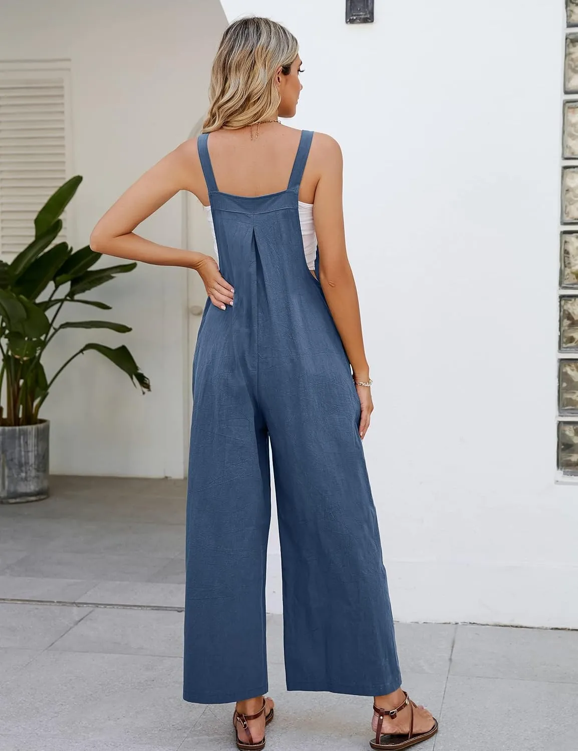 Flygo Womens Cotton Bib Overalls Loose Fit Wide Leg Jumpsuits Casual Rompers with Pockets