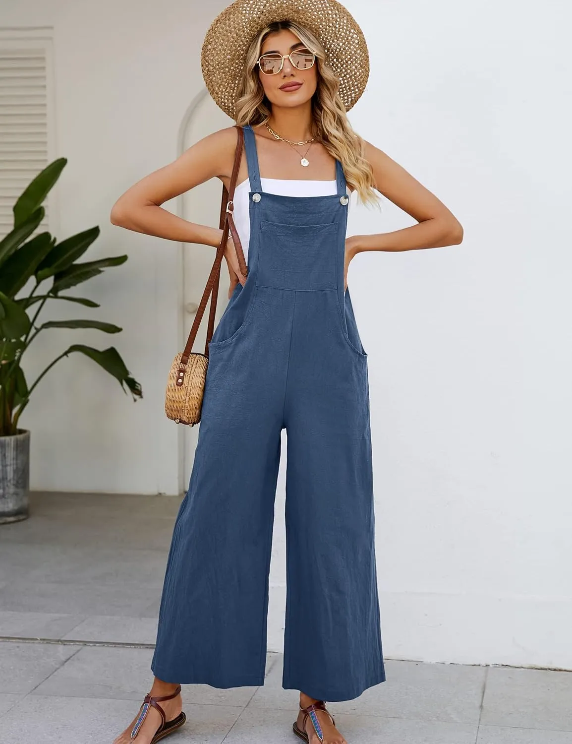 Flygo Womens Cotton Bib Overalls Loose Fit Wide Leg Jumpsuits Casual Rompers with Pockets