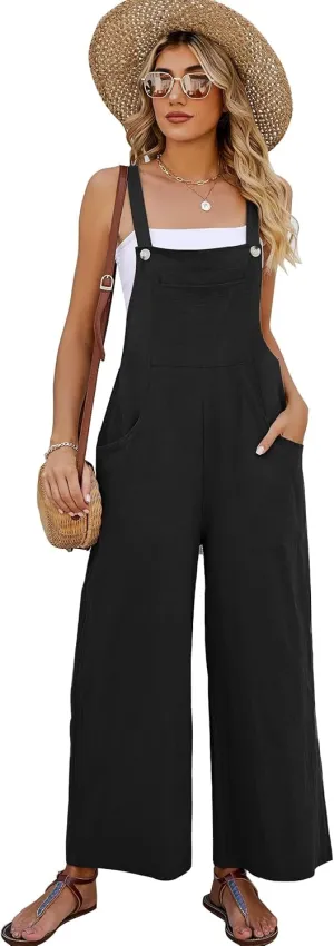 Flygo Womens Cotton Bib Overalls Loose Fit Wide Leg Jumpsuits Casual Rompers with Pockets