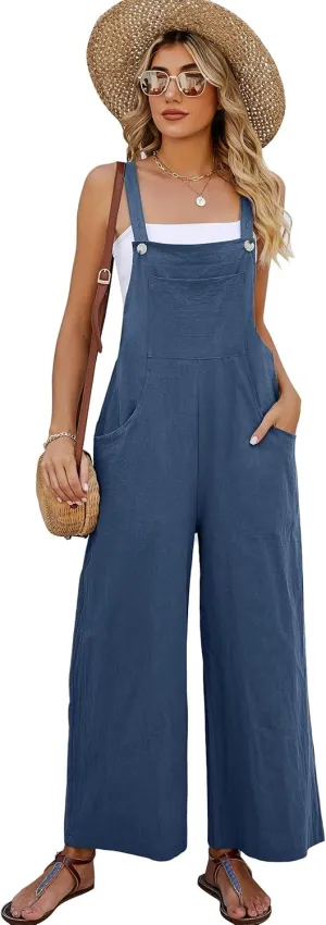 Flygo Womens Cotton Bib Overalls Loose Fit Wide Leg Jumpsuits Casual Rompers with Pockets