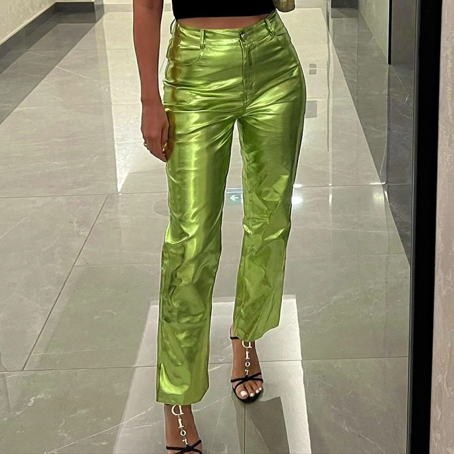 FZVYD Women's Shiny Metallic Straight Leg Faux Leather Pants High Waist Satin Cargo Pants 2024 Y2K Punk Trousers with Pockets
