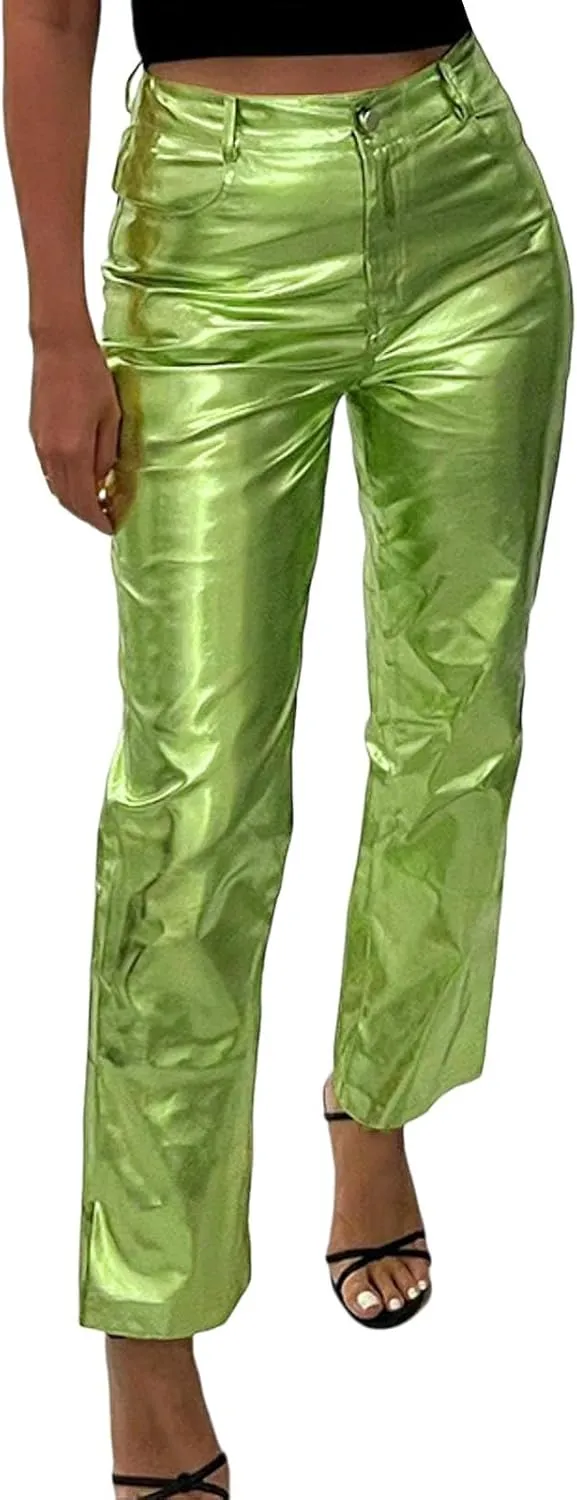 FZVYD Women's Shiny Metallic Straight Leg Faux Leather Pants High Waist Satin Cargo Pants 2024 Y2K Punk Trousers with Pockets