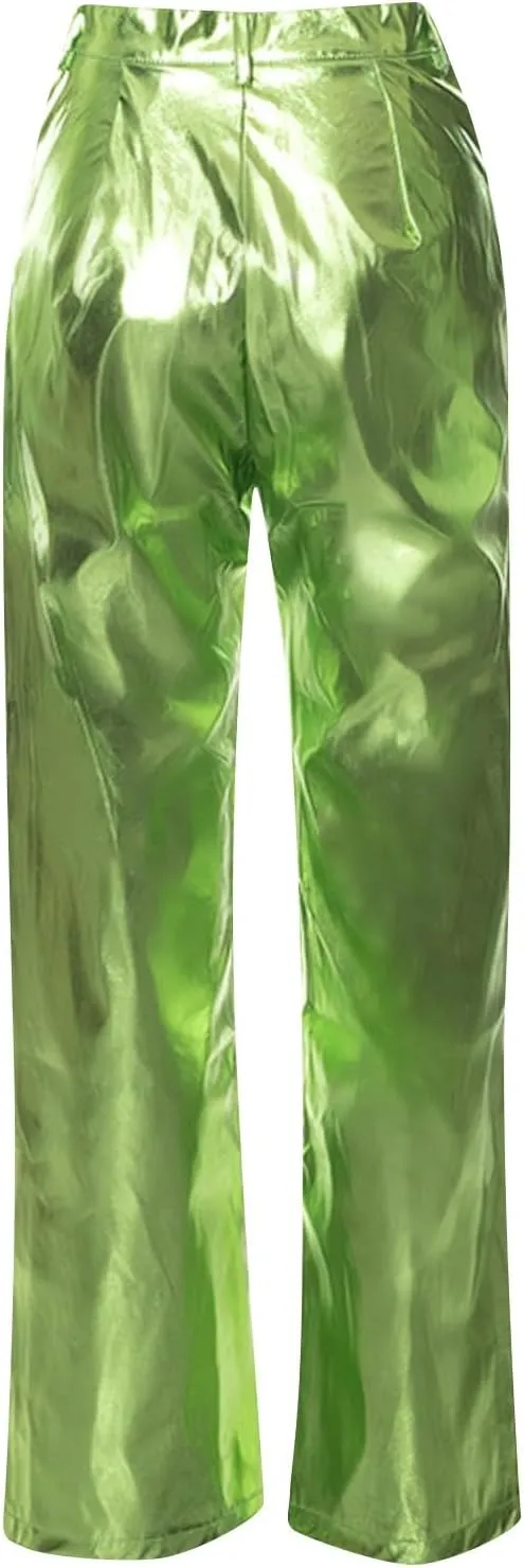 FZVYD Women's Shiny Metallic Straight Leg Faux Leather Pants High Waist Satin Cargo Pants 2024 Y2K Punk Trousers with Pockets