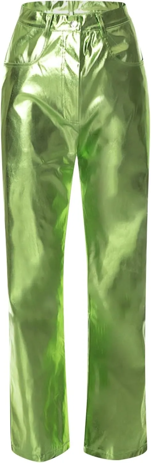 FZVYD Women's Shiny Metallic Straight Leg Faux Leather Pants High Waist Satin Cargo Pants 2024 Y2K Punk Trousers with Pockets