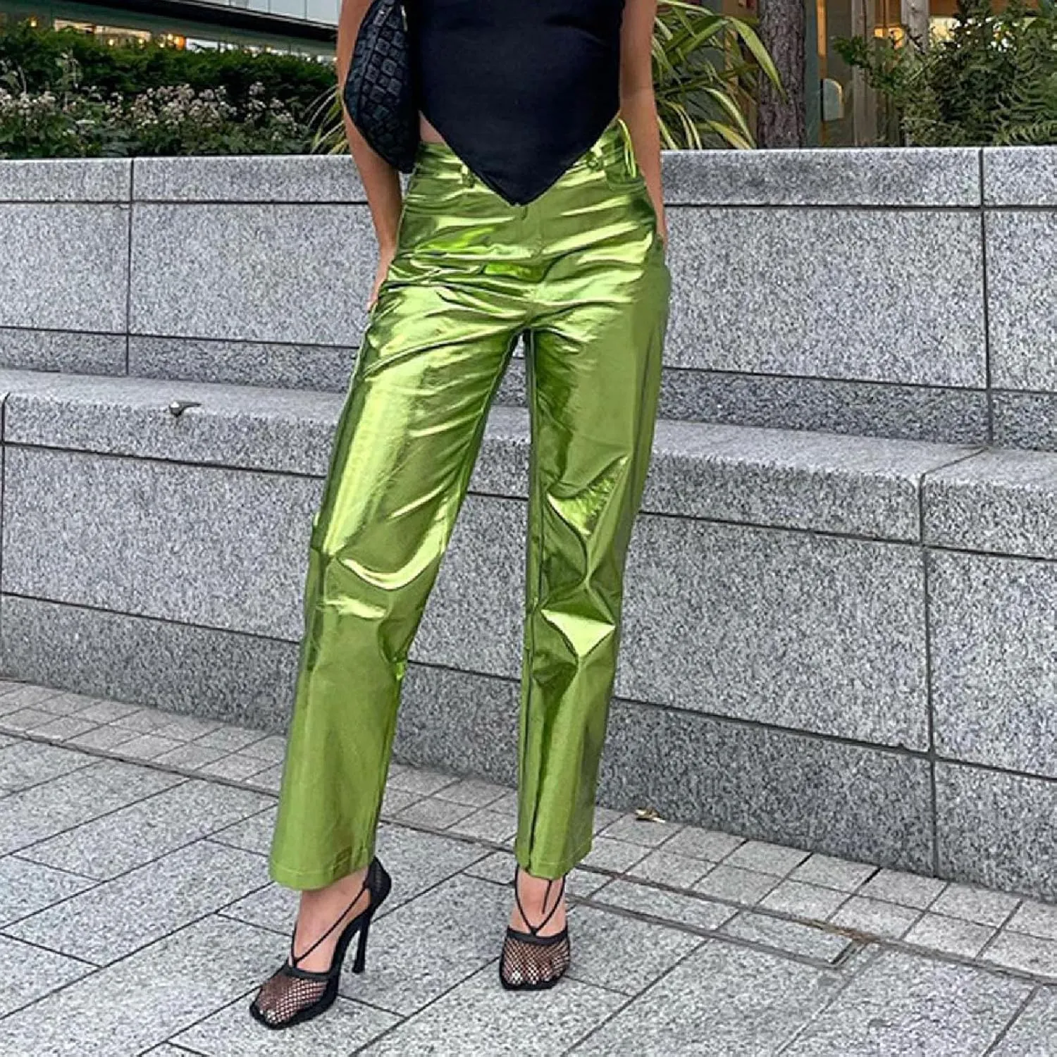 FZVYD Women's Shiny Metallic Straight Leg Faux Leather Pants High Waist Satin Cargo Pants 2024 Y2K Punk Trousers with Pockets