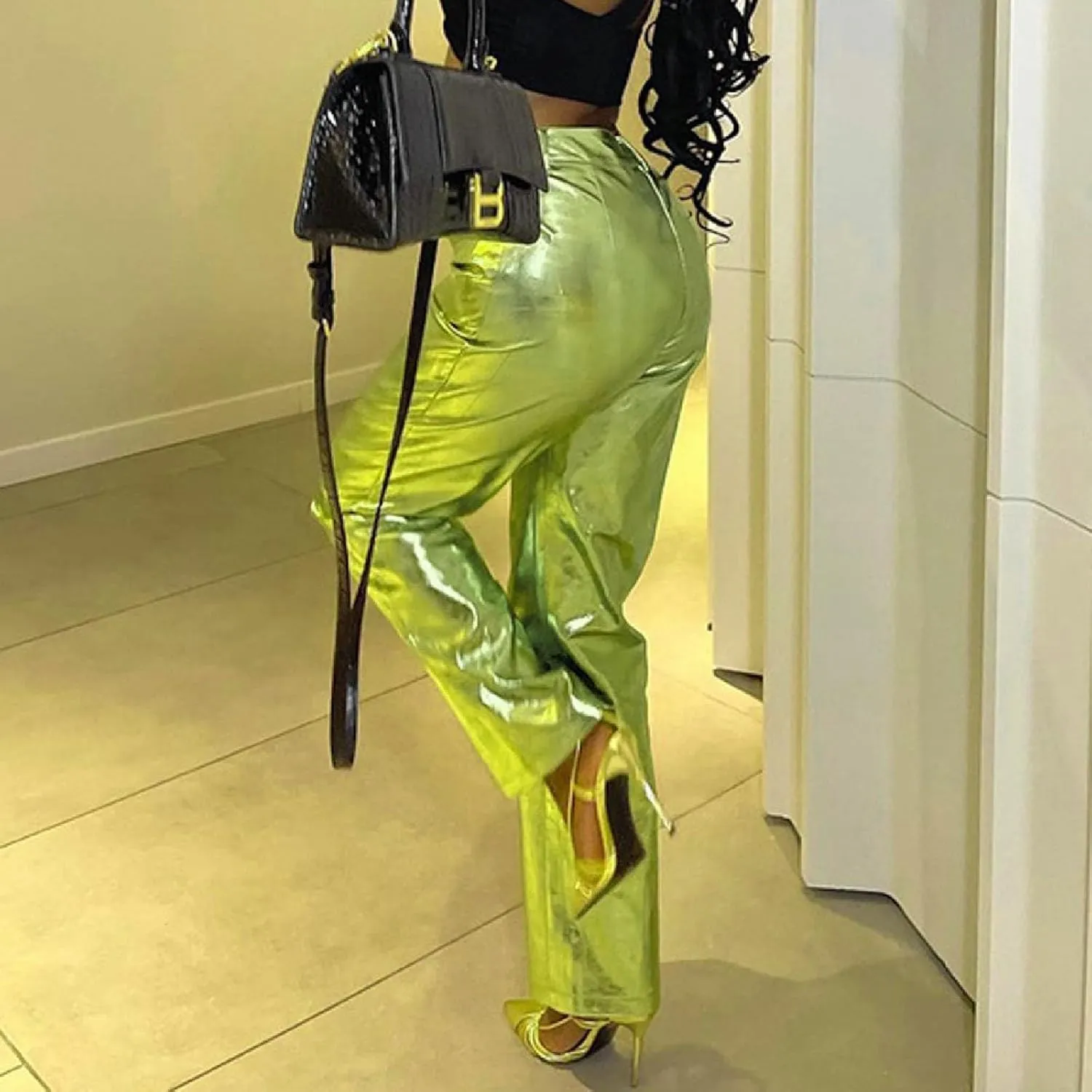 FZVYD Women's Shiny Metallic Straight Leg Faux Leather Pants High Waist Satin Cargo Pants 2024 Y2K Punk Trousers with Pockets