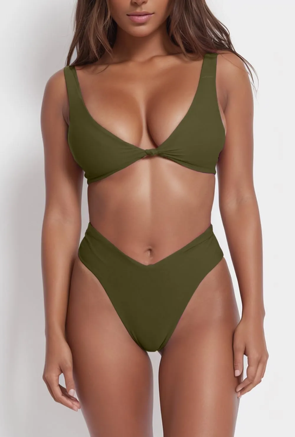 geluboao Bikini Set for Women Solid V Neck Knot Front Push Up High Leg Thong Two Piece Swimsuit