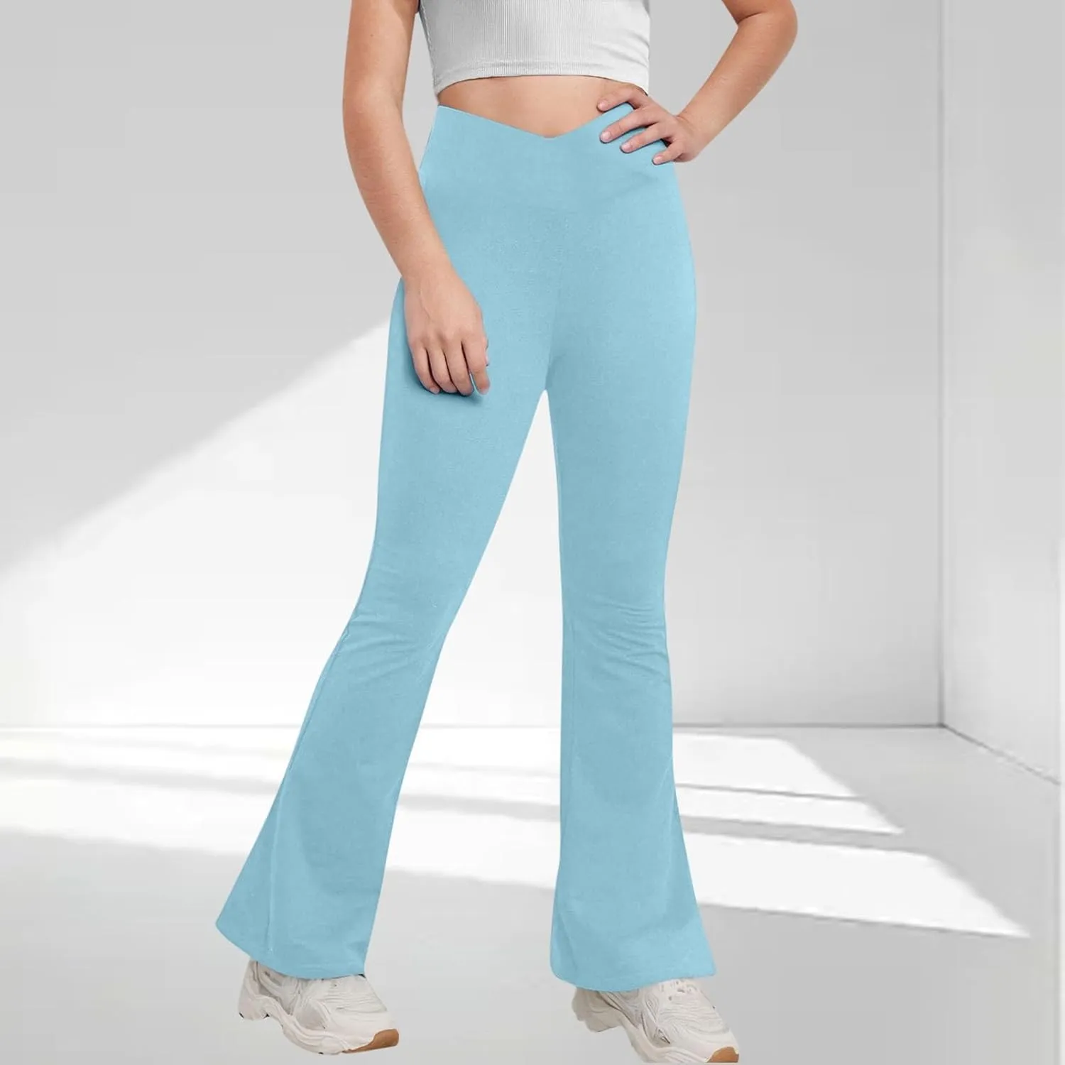 Girls Flare Leggings Cross High Waisted Yoga Pants Bootcut Leggings Kids Stretch Dance Bell Bottoms with Pockets Soft