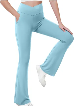 Girls Flare Leggings Cross High Waisted Yoga Pants Bootcut Leggings Kids Stretch Dance Bell Bottoms with Pockets Soft