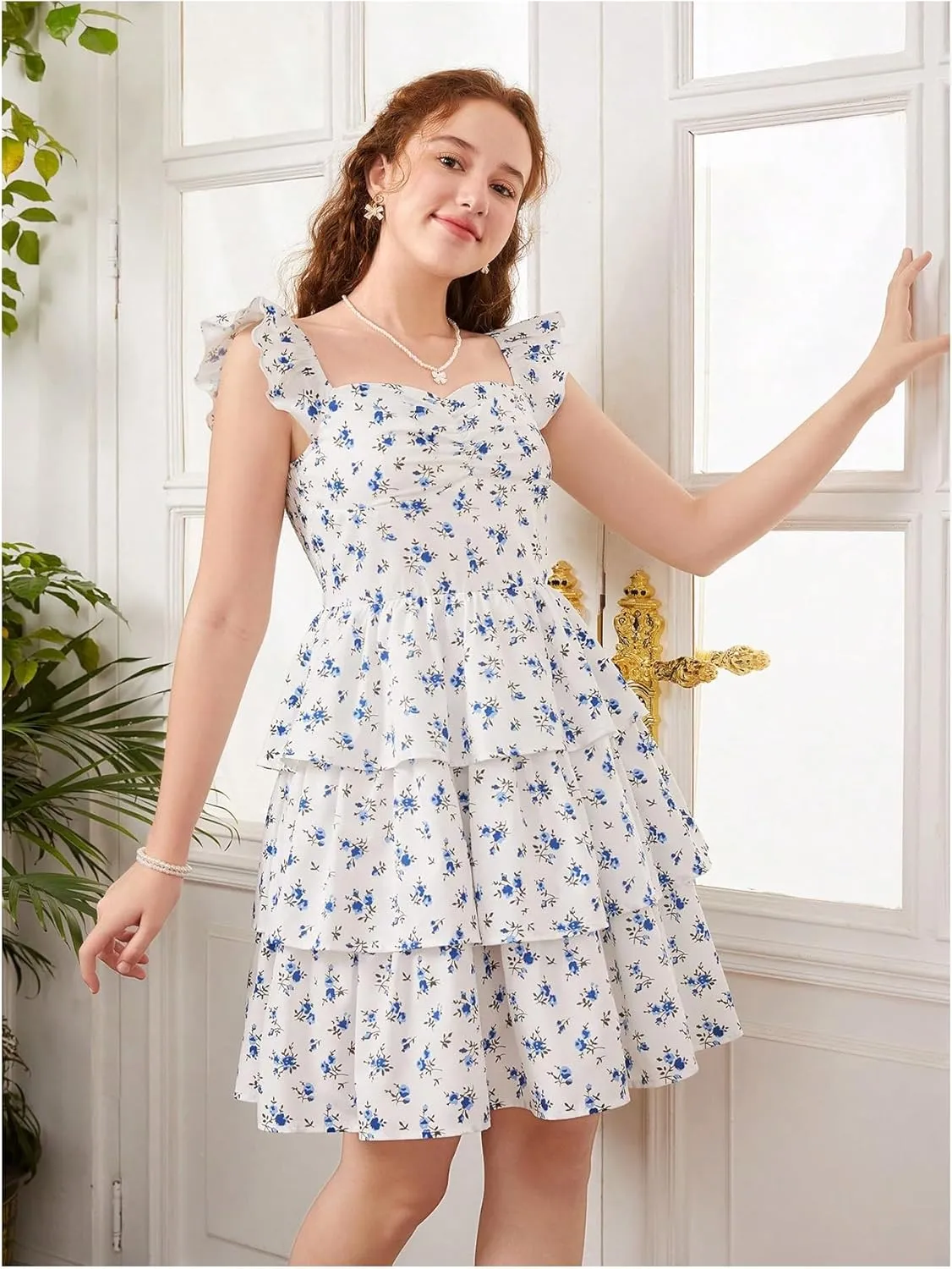 Girl's Floral Summer Dress - Ruffle, Shirred High Waist, Sweetheart Neckline, A Line Spring Dress