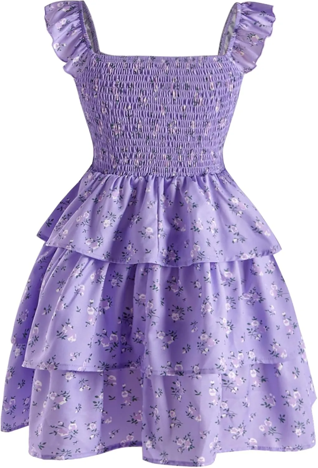 Girl's Floral Summer Dress - Ruffle, Shirred High Waist, Sweetheart Neckline, A Line Spring Dress