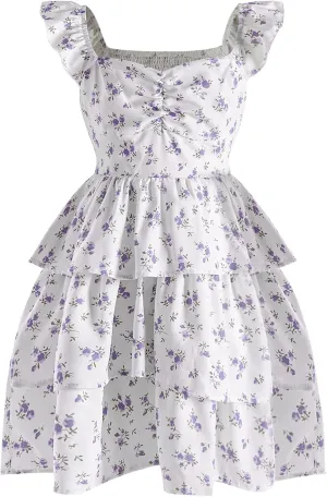 Girl's Floral Summer Dress - Ruffle, Shirred High Waist, Sweetheart Neckline, A Line Spring Dress