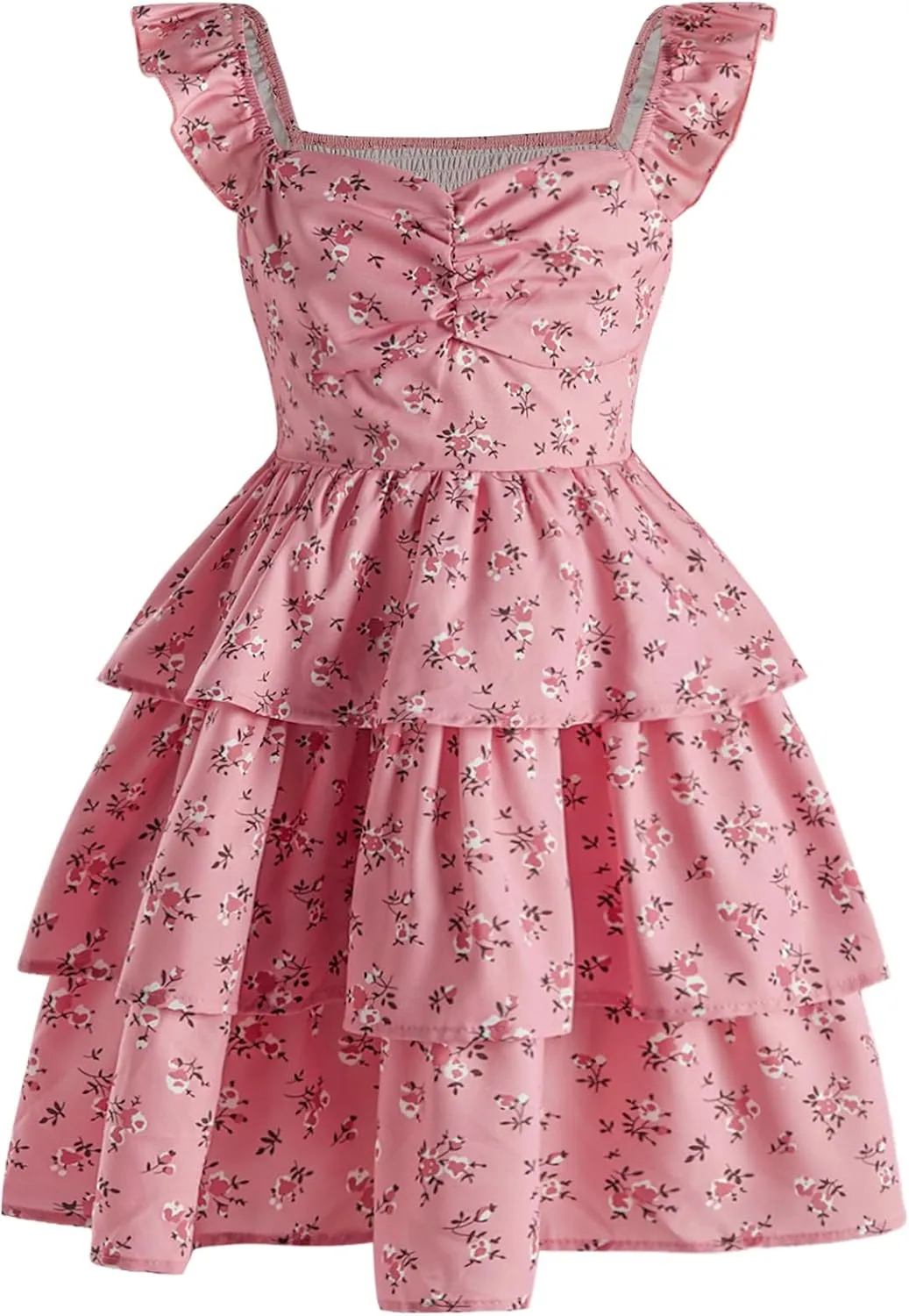 Girl's Floral Summer Dress - Ruffle, Shirred High Waist, Sweetheart Neckline, A Line Spring Dress