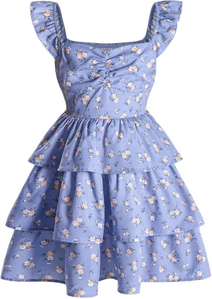 Girl's Floral Summer Dress - Ruffle, Shirred High Waist, Sweetheart Neckline, A Line Spring Dress