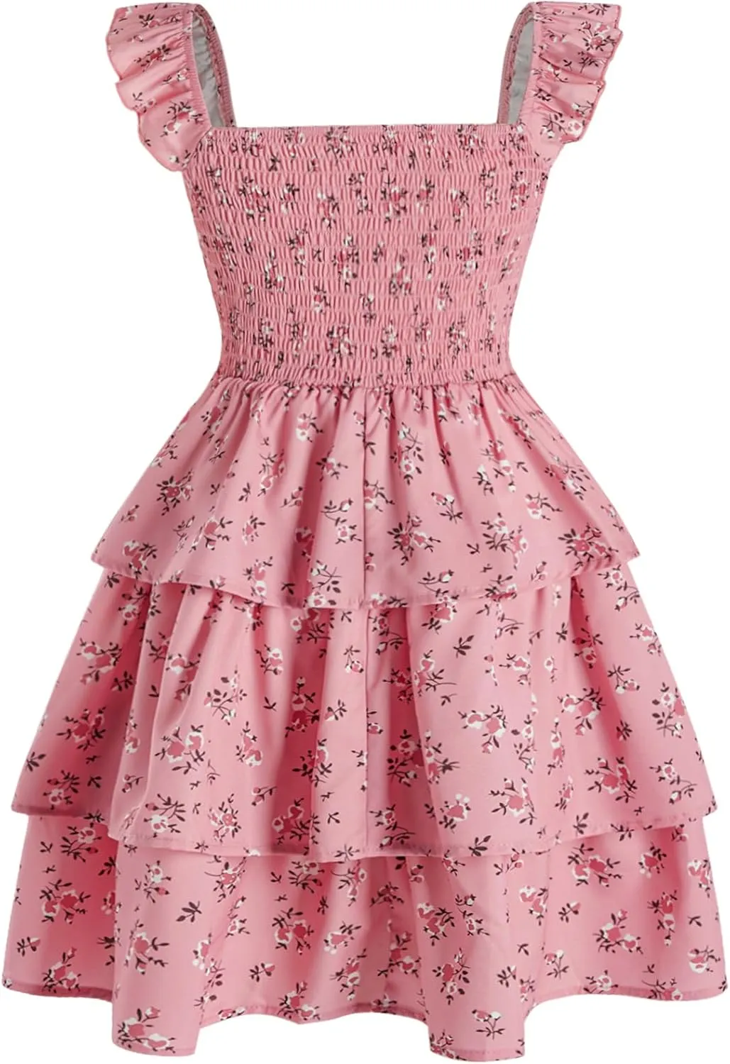 Girl's Floral Summer Dress - Ruffle, Shirred High Waist, Sweetheart Neckline, A Line Spring Dress