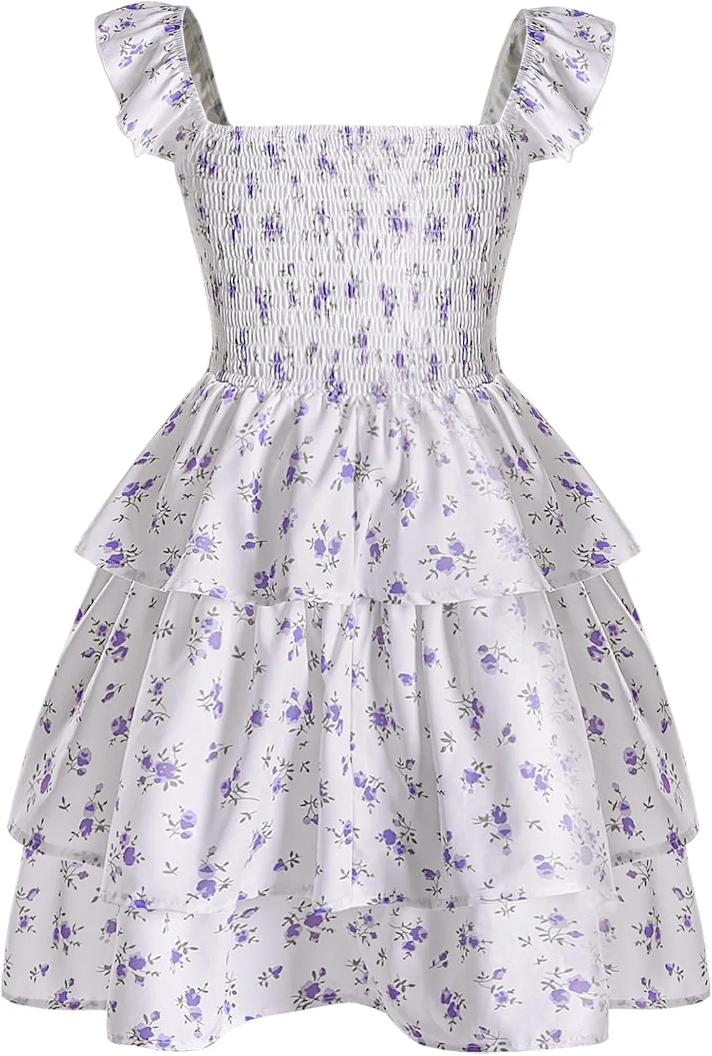 Girl's Floral Summer Dress - Ruffle, Shirred High Waist, Sweetheart Neckline, A Line Spring Dress