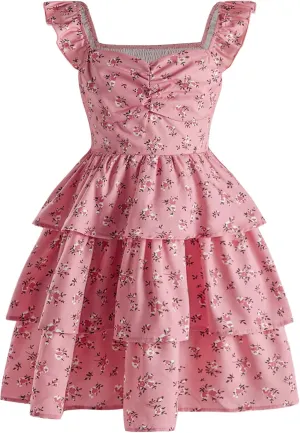 Girl's Floral Summer Dress - Ruffle, Shirred High Waist, Sweetheart Neckline, A Line Spring Dress