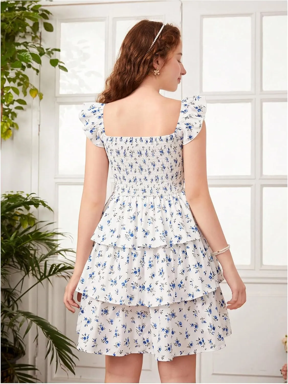 Girl's Floral Summer Dress - Ruffle, Shirred High Waist, Sweetheart Neckline, A Line Spring Dress