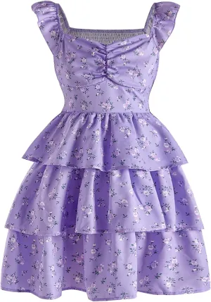 Girl's Floral Summer Dress - Ruffle, Shirred High Waist, Sweetheart Neckline, A Line Spring Dress