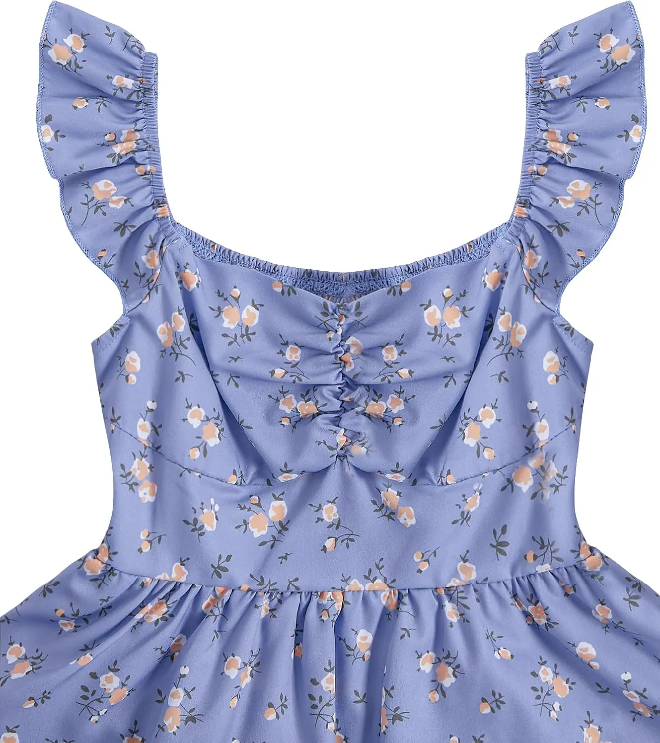 Girl's Floral Summer Dress - Ruffle, Shirred High Waist, Sweetheart Neckline, A Line Spring Dress