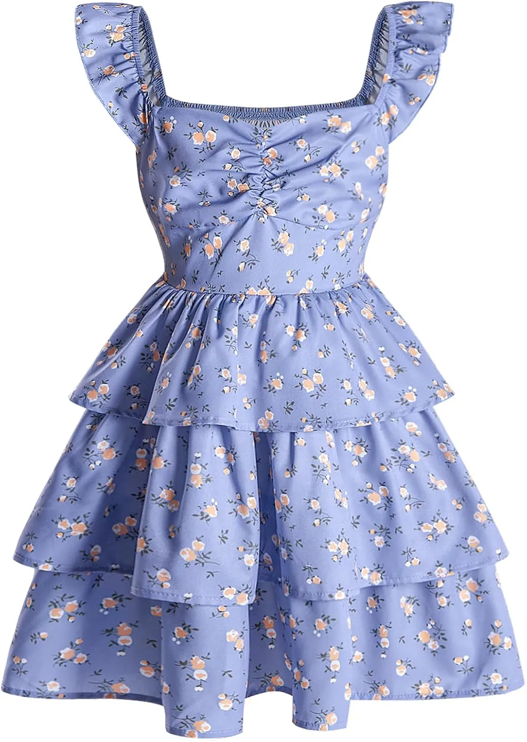 Girl's Floral Summer Dress - Ruffle, Shirred High Waist, Sweetheart Neckline, A Line Spring Dress