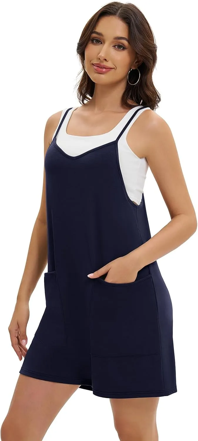 Gracyoga Women's Summer Casual Sleeveless Rompers 2025 Loose Spaghetti Strap Short Jumpsuits Overalls with Pockets