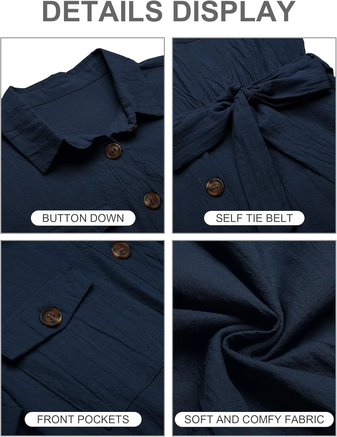 GRAPENT Women's Summer Short Sleeve Button Down Pockets Belted Jumpsuits Rompers