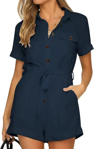 GRAPENT Women's Summer Short Sleeve Button Down Pockets Belted Jumpsuits Rompers