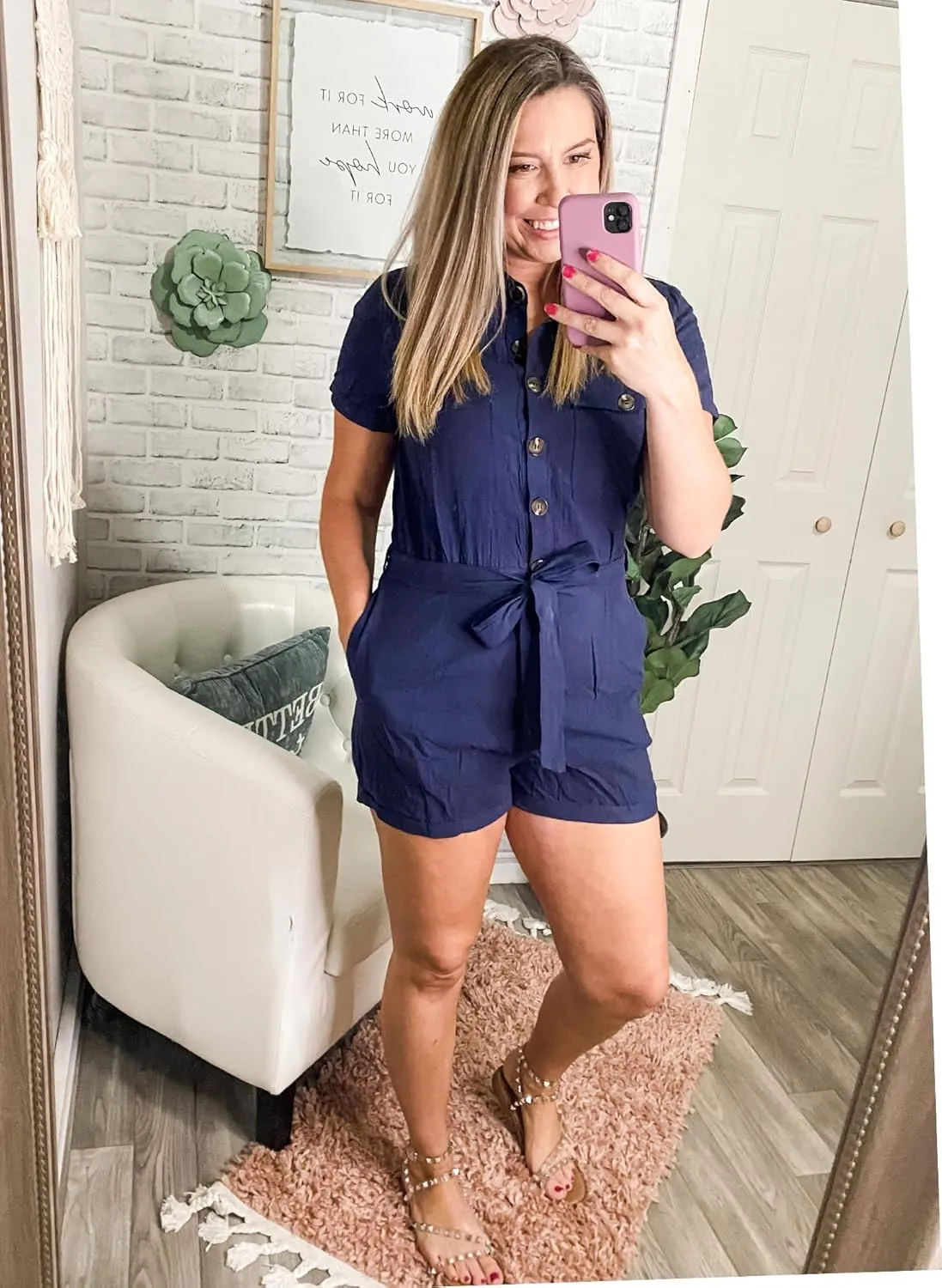 GRAPENT Women's Summer Short Sleeve Button Down Pockets Belted Jumpsuits Rompers