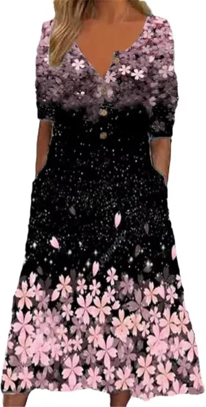 GUOYUXIAO Women's V-Neck Dress Button Pocket Short Sleeves A-Line Skirt