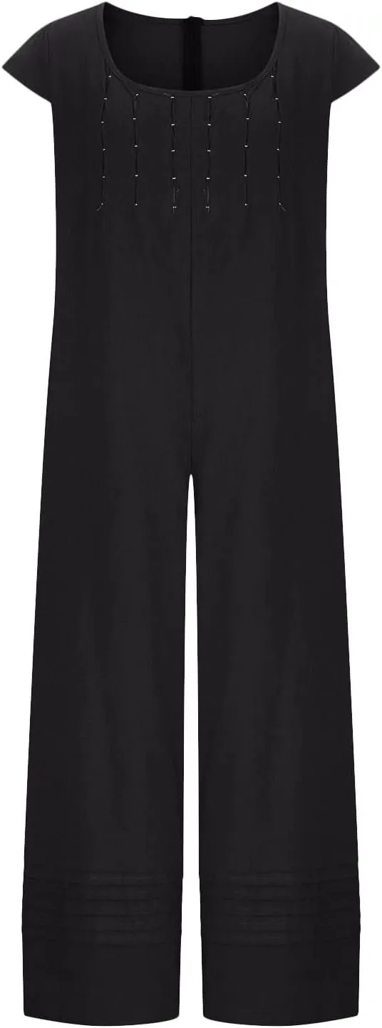 HGps8w 2025 Summer Womens Plus Size Loose Cotton Linen Jumpsuit Cap Sleeve Casual Solid Baggy Rompers Wide Leg Long Pants
