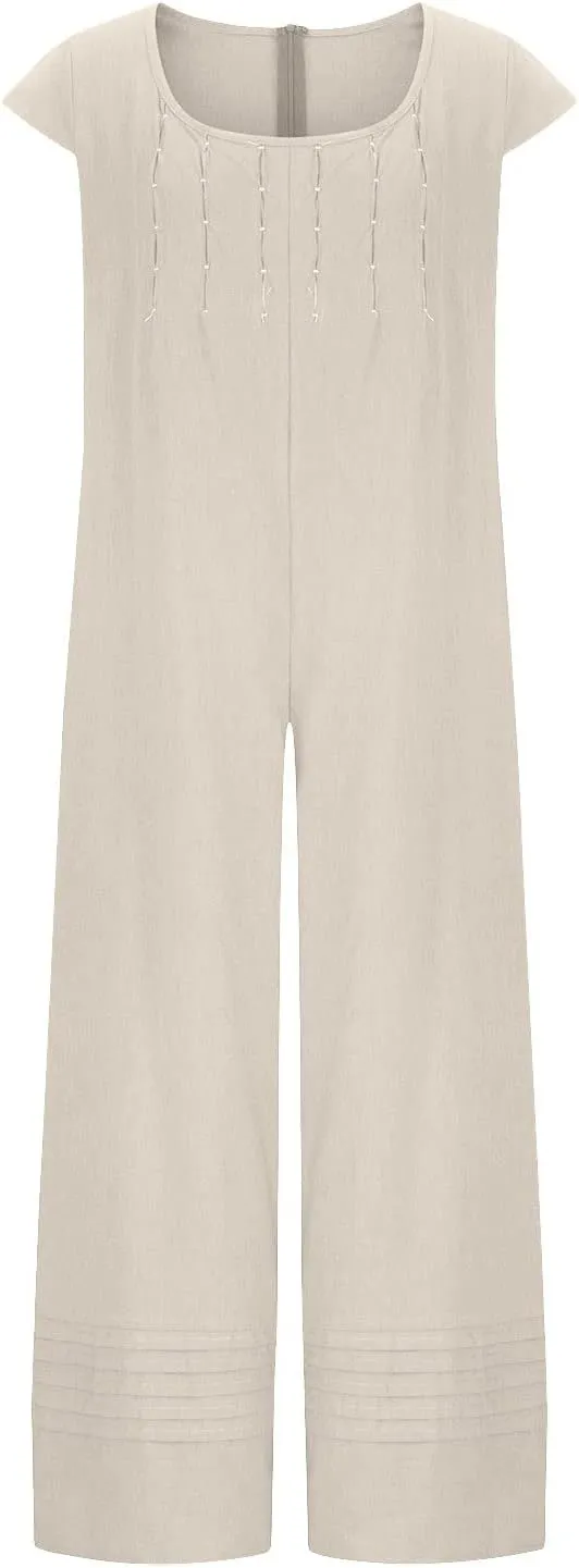 HGps8w 2025 Summer Womens Plus Size Loose Cotton Linen Jumpsuit Cap Sleeve Casual Solid Baggy Rompers Wide Leg Long Pants