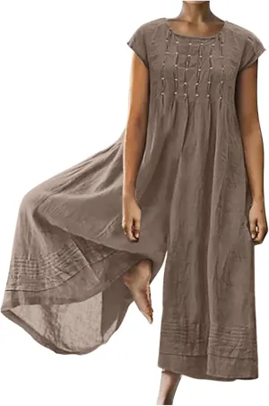 HGps8w 2025 Summer Womens Plus Size Loose Cotton Linen Jumpsuit Cap Sleeve Casual Solid Baggy Rompers Wide Leg Long Pants