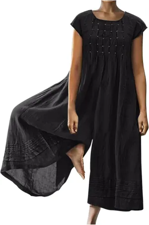 HGps8w 2025 Summer Womens Plus Size Loose Cotton Linen Jumpsuit Cap Sleeve Casual Solid Baggy Rompers Wide Leg Long Pants