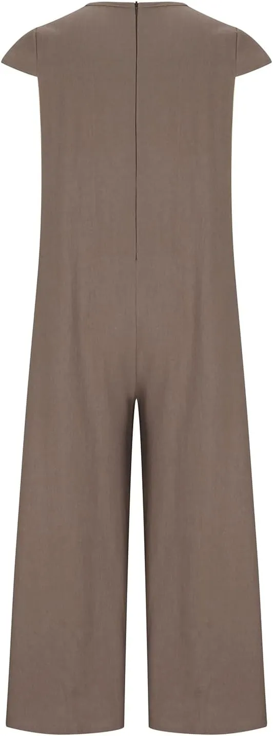 HGps8w 2025 Summer Womens Plus Size Loose Cotton Linen Jumpsuit Cap Sleeve Casual Solid Baggy Rompers Wide Leg Long Pants
