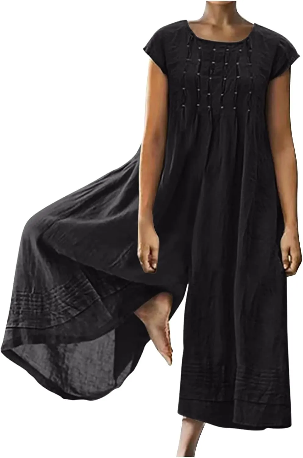 HGps8w 2025 Summer Womens Plus Size Loose Cotton Linen Jumpsuit Cap Sleeve Casual Solid Baggy Rompers Wide Leg Long Pants