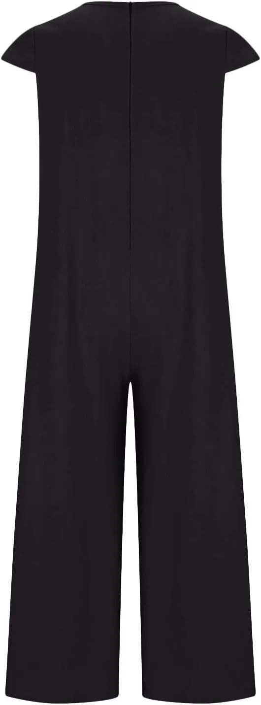 HGps8w 2025 Summer Womens Plus Size Loose Cotton Linen Jumpsuit Cap Sleeve Casual Solid Baggy Rompers Wide Leg Long Pants